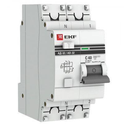 Выключатель автоматический дифференциального тока 2п (1P+N) C 40А 300мА тип AC 4.5кА АД-32 защита 270В электрон. PROxima EKF DA32-40-300-pro