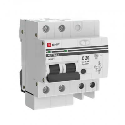 Выключатель автоматический дифференциального тока 2п 4мод. C 20А 30мА тип AC 4.5кА АД-2 PROxima EKF DA2-20-30-pro