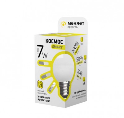 Лампа светодиодная LED gl45 7вт 220в e27 3000к 3 уровня яркости космос smart lksmledsd7wgl45e2730