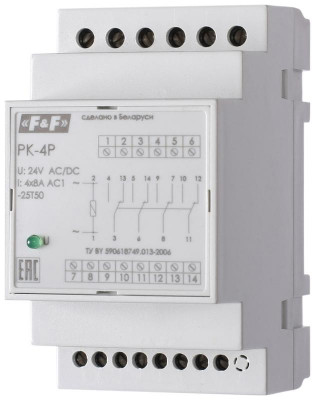 Реле промежуточное PK-4P (монтаж на DIN-рейке 35мм 220В 50Гц 4х8А 4 перекл.) F&F EA06.001.026