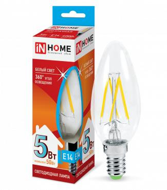 Лампа светодиодная LED-СВЕЧА-deco 5Вт свеча прозрачная 4000К нейтр. бел. E14 450лм 230В IN HOME 4690612007571