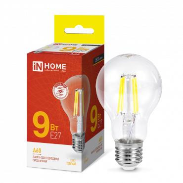 Лампа светодиодная LED-A60-deco 9Вт грушевидная прозрачная 3000К тепл. бел. E27 1040лм 230В IN HOME 4690612008066