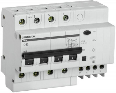 Выключатель автоматический дифференциального тока 4п 63А 30мА АД14 GENERICA MAD15-4-063-C-030