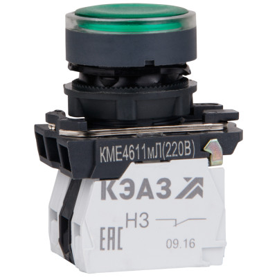Кнопка КМЕ4622мЛ-24В-зеленый-2но+2нз-цилиндр-индикатор-IP65 КЭАЗ 274304