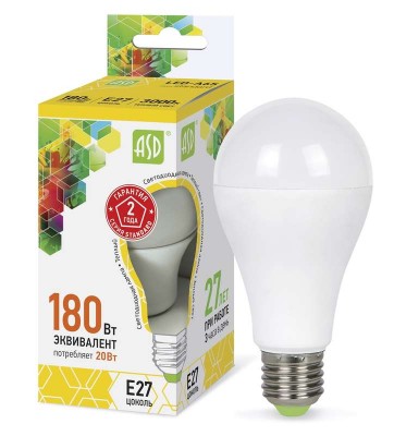 Лампа светодиодная LED-A60-standard 20Вт грушевидная 3000К тепл. бел. E27 1800лм 170-265В ASD 4690612004198