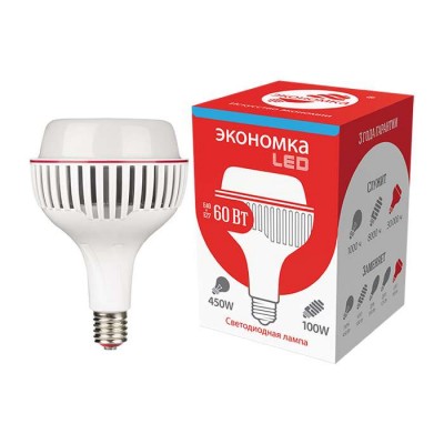 Лампа светодиодная высокомощная LED 60вт e40 6500к экономка eco60whwlede4065