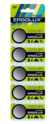 Элемент питания литиевый CR2025 BL-5 3В (блист.5шт) Ergolux 12050