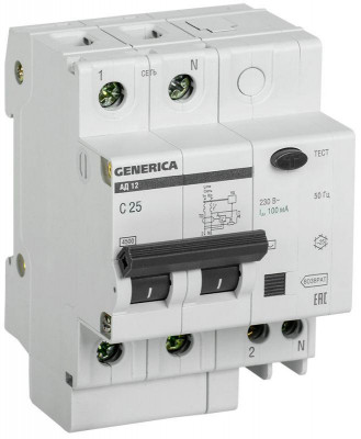 Выключатель автоматический дифференциального тока 2п 25А 100мА АД12 GENERICA MAD15-2-025-C-100