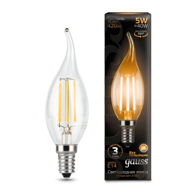 Лампа светодиодная filament свеча на ветру e14 5вт 2700к gauss 104801105