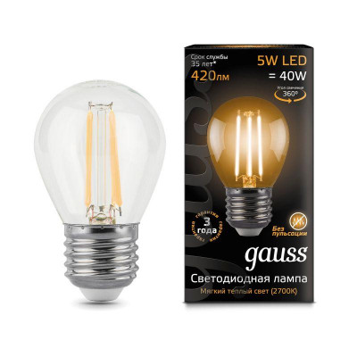 Лампа светодиодная filament шар e27 5вт 2700к gauss 105802105