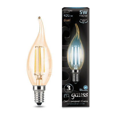 Лампа светодиодная филаментная Black Filament 5Вт свеча на ветру золотая 4100К нейтр. бел. E14 420лм GAUSS 104801805