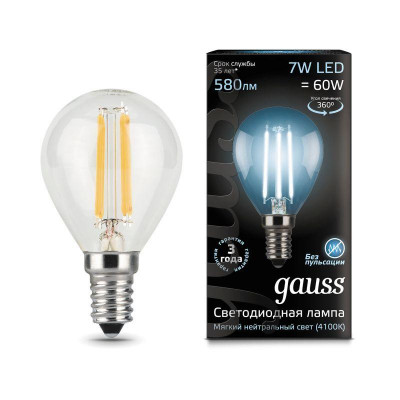 Лампа светодиодная filament шар e14 7вт 4100к gauss 105801207
