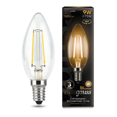 Лампа светодиодная филаментная Black Filament 9Вт свеча 2700К тепл. бел. E14 680лм GAUSS 103801109