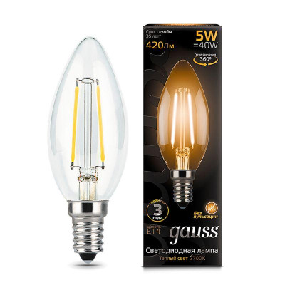 Лампа светодиодная filament свеча e14 5вт 2700к gauss 103801105