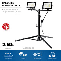 ЗУБР пск 50х2, 2 х 50 вт, 6500 к, ip 65, 1.6 м, светодиодные прожекторы на штативе, профессионал (57145-2-50)