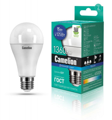Лампа светодиодная LED15-A60/865/E27 15Вт грушевидная 220В Camelion 12713