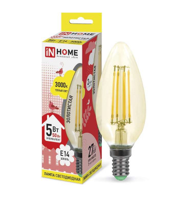 Лампа светодиодная LED-СВЕЧА-deco 5Вт свеча золотая 3000К тепл. бел. E14 450лм 230В IN HOME 4690612007182