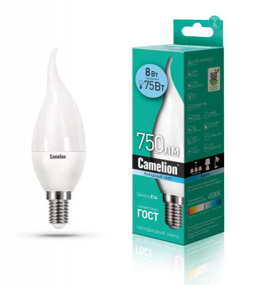 Лампа светодиодная LED8-CW35/845/E14 8Вт свеча на ветру 4500К бел. E14 750лм 220В Camelion 12388