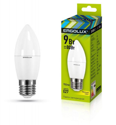 Лампа светодиодная LED-C35-9W-E27-3К Свеча 9Вт E27 3000К 172-265В Ergolux 13170