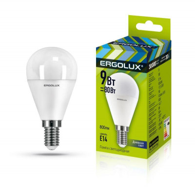 Лампа светодиодная LED-G45-9W-E14-6К Шар 9Вт E14 6500К 172-265В Ergolux 13175