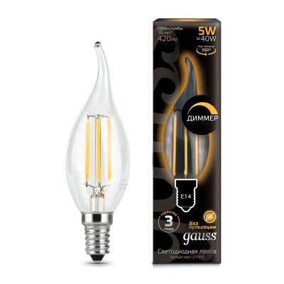 Лампа светодиодная филаментная Black Filament 5Вт свеча на ветру 2700К тепл. бел. E14 420лм диммир. GAUSS 104801105-D