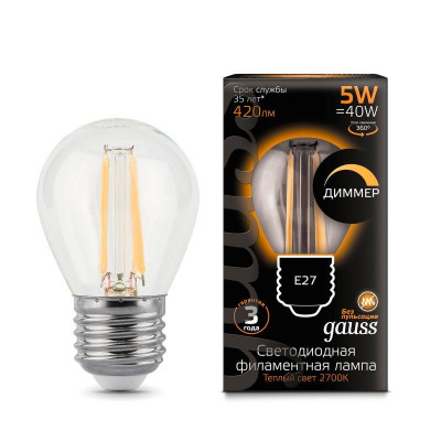 Лампа светодиодная филаментная Black Filament 5Вт P45 шар 2700К тепл. бел. E27 420лм диммир. GAUSS 105802105-D
