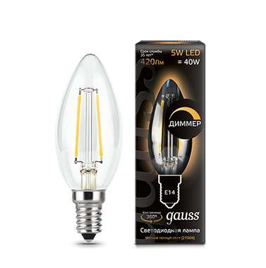 Лампа светодиодная LED Filament Candle dimmable E14 5Вт 2700К Gauss 103801105-D