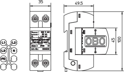 Устройство защиты от импульсных перенапр. УЗИП для силовых сетей 1 пол. (Класс I) MC 50-B OBO 5096859