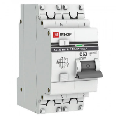 Выключатель автоматический дифференциального тока 2п (1P+N) 63А 30мА тип A АД-32 PROxima EKF DA32-63-30-a-pro