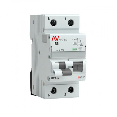 Выключатель автоматический дифференциального тока 2п (1P+N) B 6А 30мА тип AC 6кА DVA-6 Averes EKF rcbo6-1pn-6B-30-ac-av