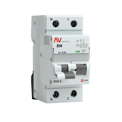 Выключатель автоматический дифференциального тока 2п (1P+N) D 10А 300мА тип AC 6кА DVA-6 Averes EKF rcbo6-1pn-10D-300-ac-av