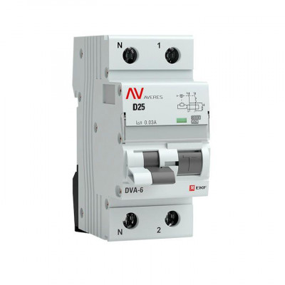 Выключатель автоматический дифференциального тока 2п (1P+N) D 25А 30мА тип A 6кА DVA-6 Averes EKF rcbo6-1pn-25D-30-a-av