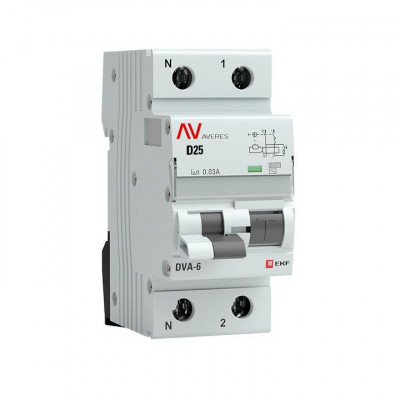 Выключатель автоматический дифференциального тока 2п (1P+N) D 25А 30мА тип AC 6кА DVA-6 Averes EKF rcbo6-1pn-25D-30-ac-av