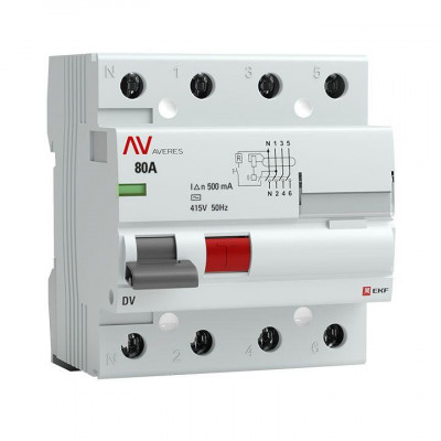 Выключатель дифференциального тока (УЗО) 4п 80А 500мА тип AC DV AVERES EKF rccb-4-80-500-ac-av