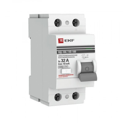 Выключатель дифференциального тока (УЗО) 2п 32А 10мА тип AC ВД-100 (электромех.) PROxima EKF elcb-2-32-10-em-pro