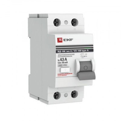 Выключатель дифференциального тока (УЗО) 2п 63А 30мА тип A ВД-100 (электромех.) PROxima EKF elcb-2-63-30-em-a-pro