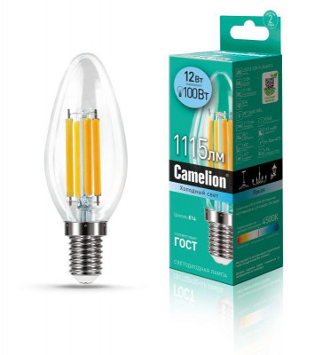 Лампа светодиодная филаментная LED12-C35-FL/845/E14 12Вт 220В Camelion 13709