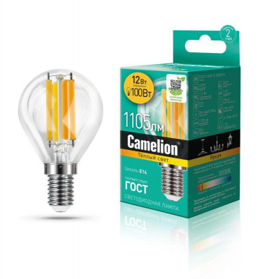 Лампа светодиодная филаментная LED12-G45-FL/830/E14 12Вт 220В Camelion 13712