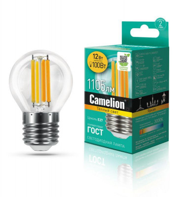 Лампа светодиодная филаментная LED12-G45-FL/830/E27 12Вт 220В Camelion 13714