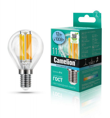 Лампа светодиодная филаментная LED12-G45-FL/845/E14 12Вт 220В Camelion 13713