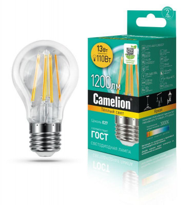 Лампа светодиодная филаментная LED13-A60-FL/830/E27 12Вт 220В Camelion 13716
