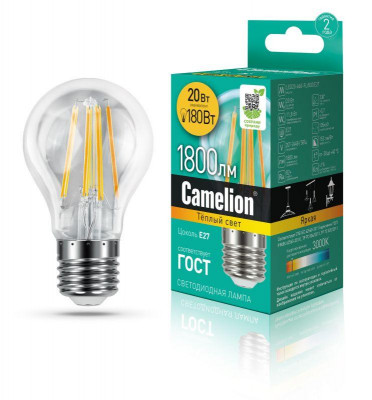 Лампа светодиодная филаментная LED20-A60-FL/830/E27 20Вт 220В Camelion 13718