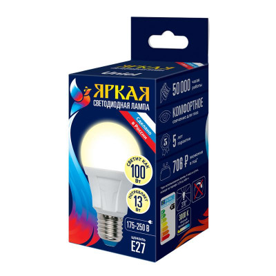 Лампа светодиодная LED-A60 13W/3000K/E27/FR PLP01WH Яркая 13Вт матовая 3000К тепл. бел. E27 (упак. картон) Uniel UL-00005030
