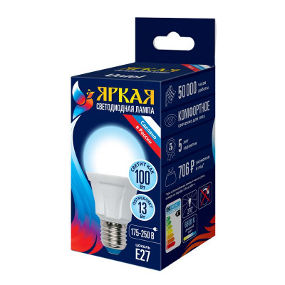 Лампа светодиодная LED-A60 13W/6500K/E27/FR PLP01WH Яркая 13Вт матовая 6500К холод. бел. E27 (упак. картон) Uniel UL-00005032