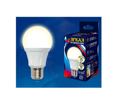 Лампа светодиодная LED-A60 10W/WW/E27/FR PLP01WH Яркая 10Вт грушевидная матовая 3000К тепл. бел. E27 (упак. картон) Uniel UL-00001524