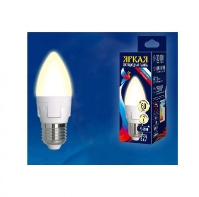Лампа светодиодная LED-C37 7W/WW/E27/FR PLP01WH Яркая 7Вт свеча матовая 3000К тепл. бел. E27 (упак. картон) Uniel UL-00002414