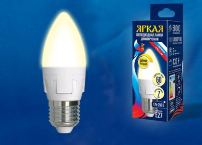 Лампа светодиодная LED-C37 7W/3000K/E27/FR/DIM PLP01WH Яркая 7Вт свеча матовая 3000К тепл. бел. E27 диммир. (упак. картон) Uniel UL-00004297