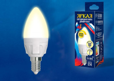 Лампа светодиодная LED-C37 7W/3000K/E14/FR/DIM PLP01WH Яркая 7Вт свеча матовая 3000К тепл. бел. E14 диммир. (упак. картон) Uniel UL-00004296