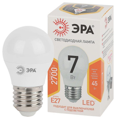 Лампа светодиодная P45-7w-827-E27 шар 560лм ЭРА Б0020550