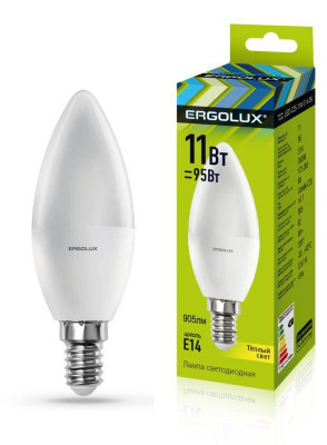 Лампа светодиодная LED-C35-11W-E14-3K 11Вт свеча 3000К тепл. бел. E14 180-240В Ergolux 13618